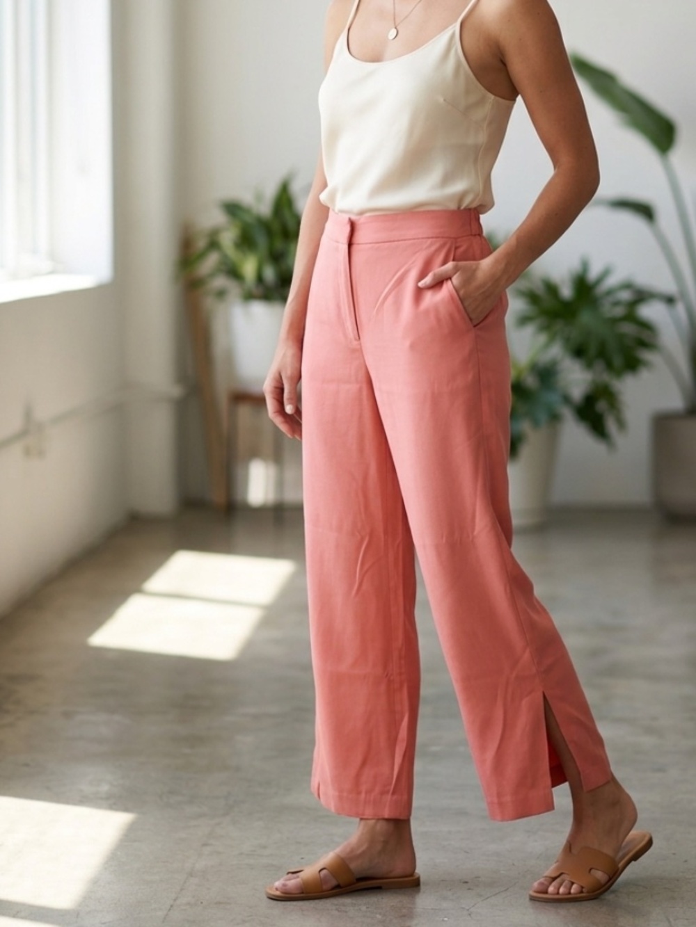 Autres Filles Pink Coral Wide Leg Ankle Pants XL High Rise Side Slit Crop Trouse